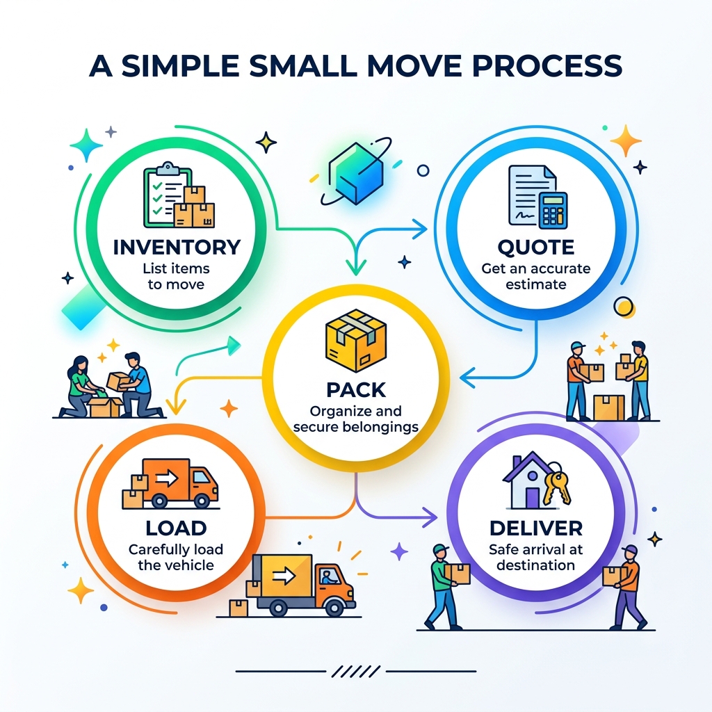 Infographic showing the small move process: inventory, quote, pack, load, deliver - Small move specialists infographic 