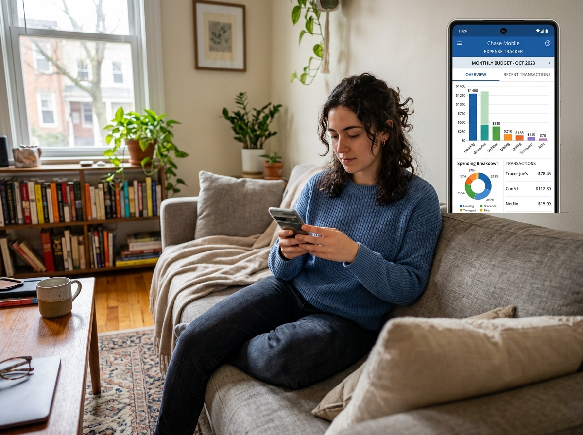 Young adult tracking monthly expenses on a mobile banking app - money saving strategies for young adults