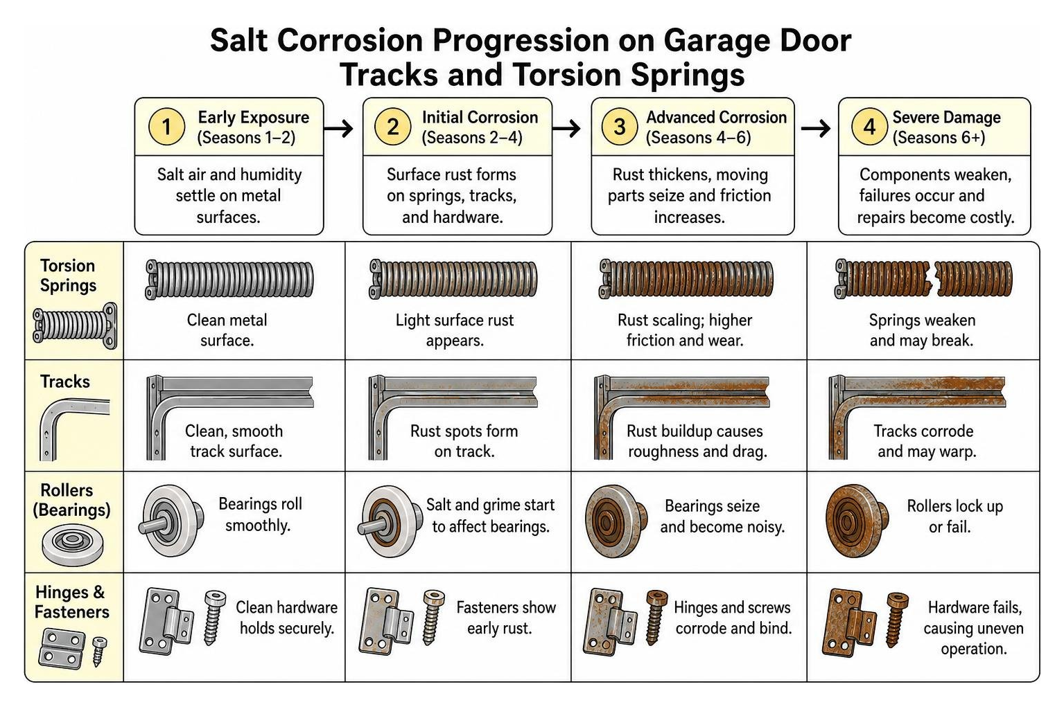 salt corrosion progression on garage door tracks and torsion springs