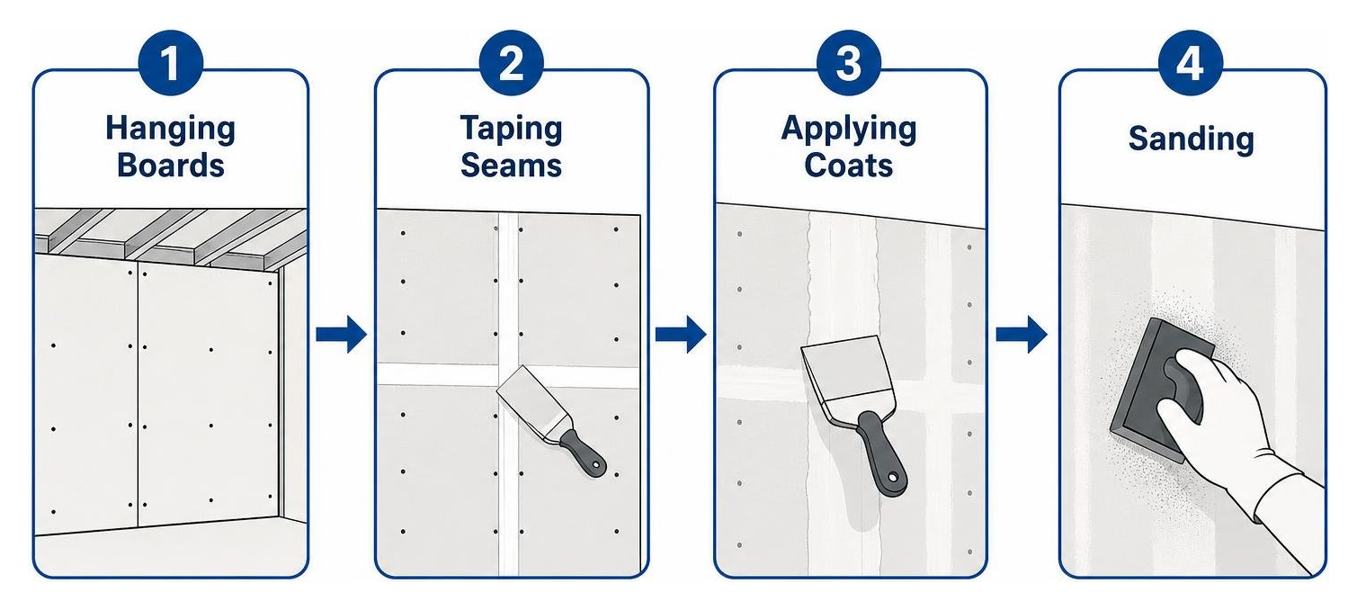 Workflow diagram of hanging boards, taping seams, applying coats, and sanding Workflow diagram of hanging boards, taping seams, applying coats, and sanding