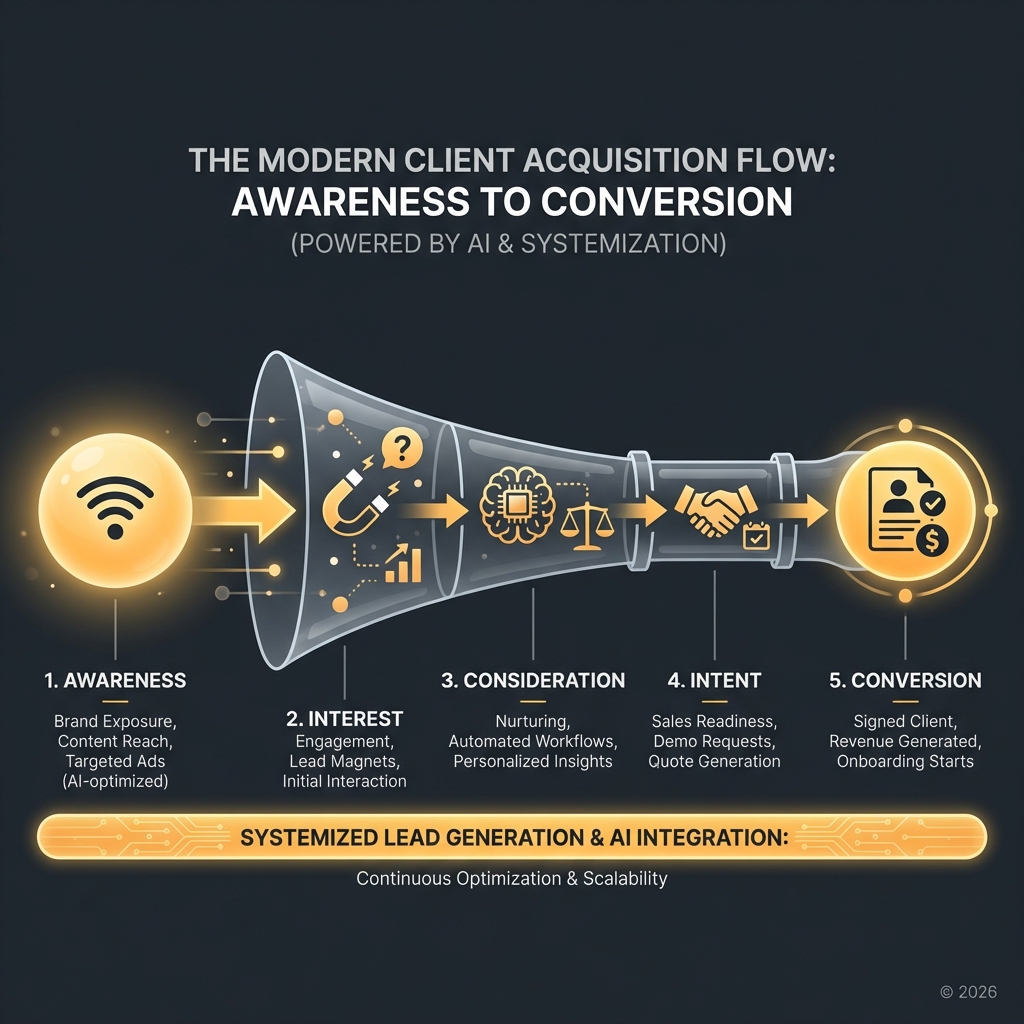 Infographic explaining the client acquisition process from awareness to conversion - Client Acquisition infographic 