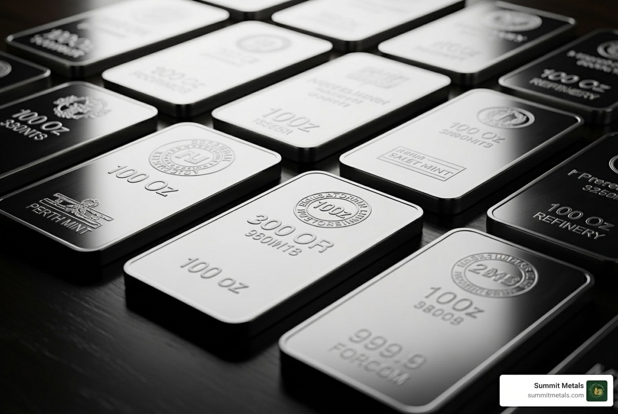 various 100 oz silver bars from different mints - 100 oz silver