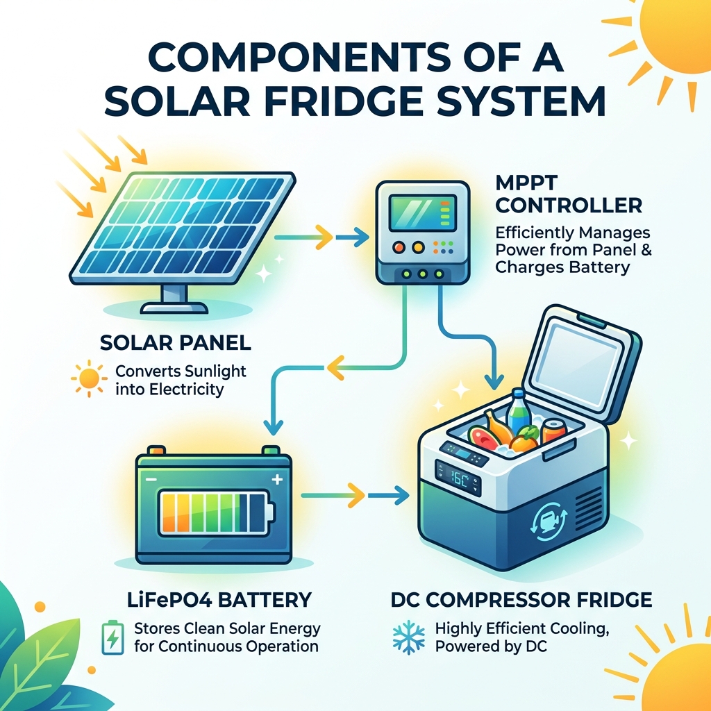 Infographic showing components of a solar fridge system: solar panel, MPPT controller, LiFePO4 battery, and DC compressor