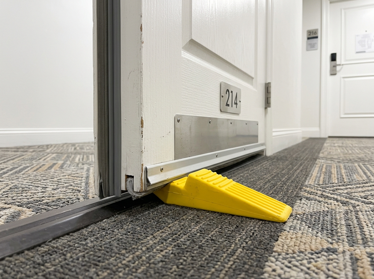 Rubber doorstop wedged under a hotel door for security - affordable safety gear for travel