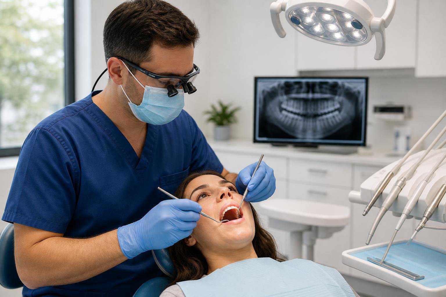 Dentist performing a dental exam at our modern facility
