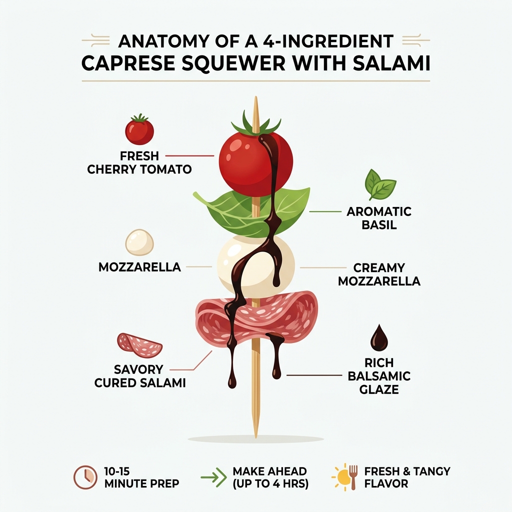 Anatomy of a 4-ingredient caprese skewer: salami, mozzarella, basil, cherry tomato with balsamic glaze - caprese skewers Anatomy of a 4-ingredient caprese skewer: salami, mozzarella, basil, cherry tomato with balsamic glaze - caprese skewers