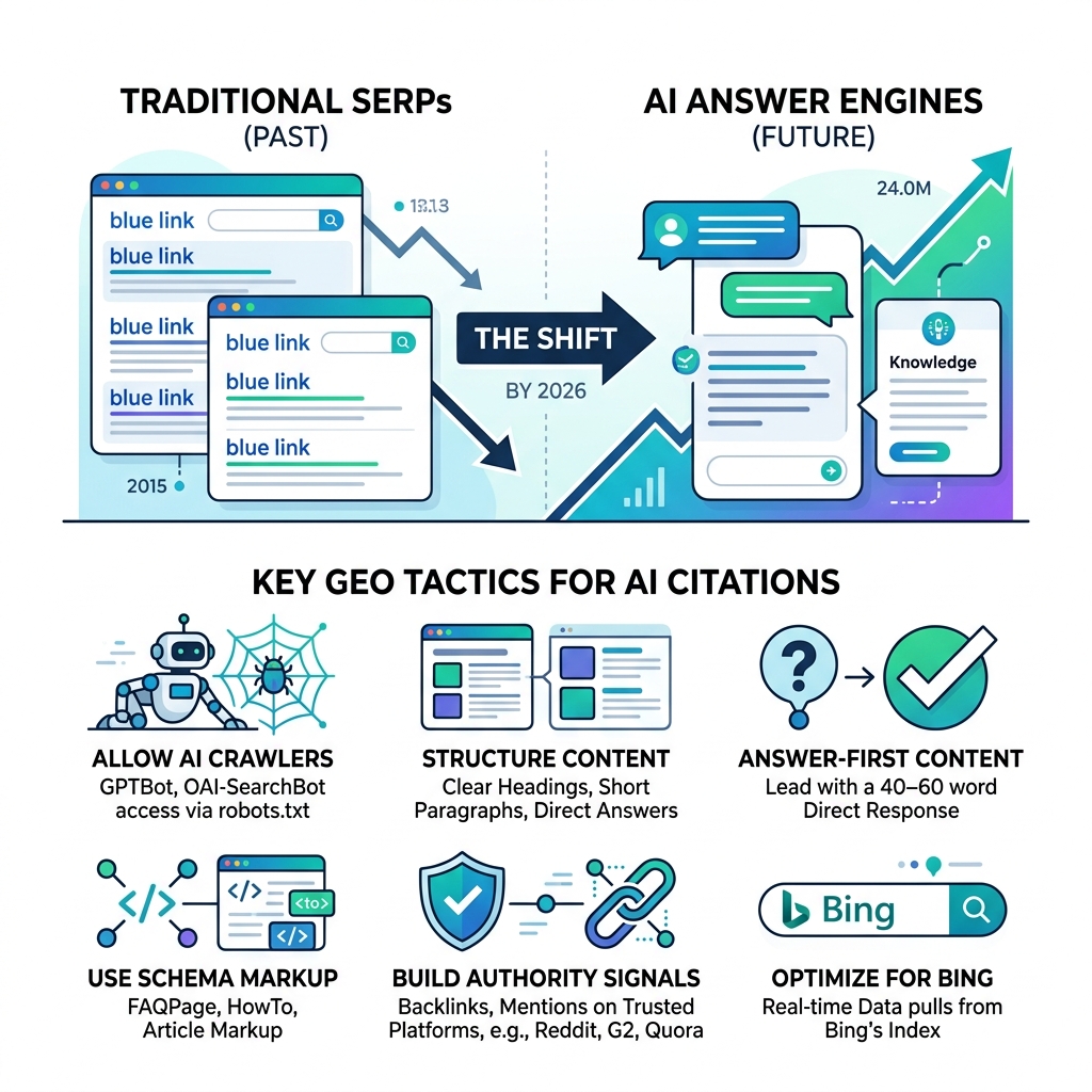 Infographic showing shift from traditional SERPs to AI answer engines with key GEO tactics - chatgpt seo best practices Infographic showing shift from traditional SERPs to AI answer engines with key GEO tactics - chatgpt seo best practices