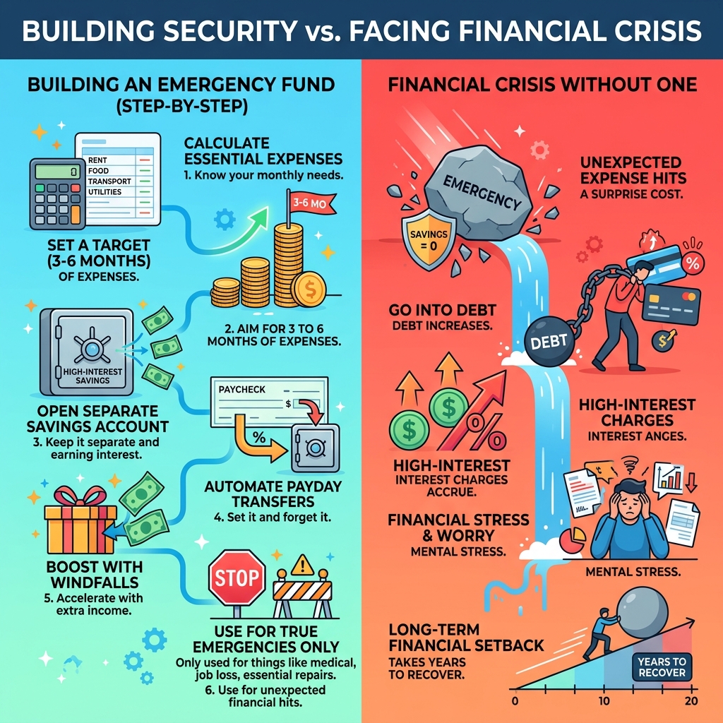 Steps to build emergency fund vs financial crisis without one infographic - how to build an emergency fund infographic 