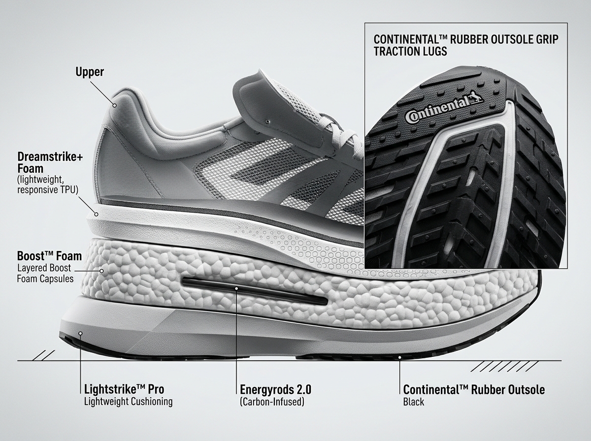 Diagram showing Adidas midsole foam layers and Continental rubber outsole grip - best adidas for standing all day Diagram showing Adidas midsole foam layers and Continental rubber outsole grip - best adidas for standing all day
