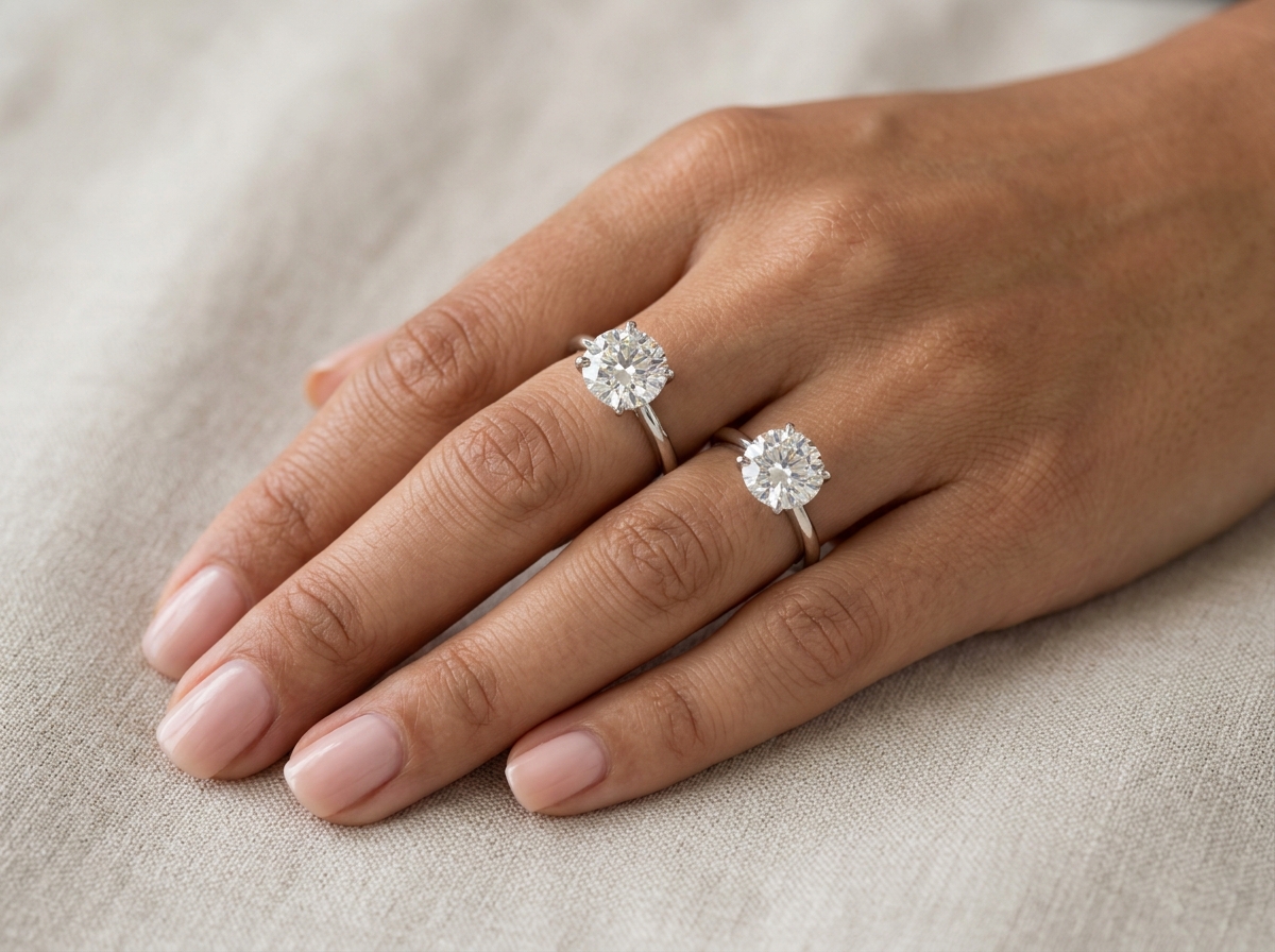 Comparison of 1ct and 2ct diamonds on a finger - 2 carat solitaire ring