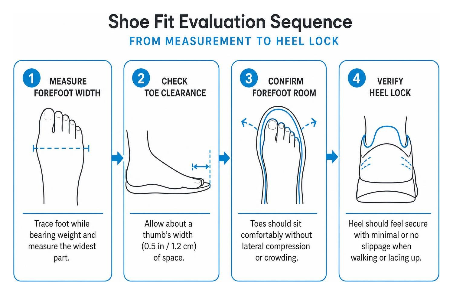 Shoe fit evaluation sequence from measurement to heel lock Shoe fit evaluation sequence from measurement to heel lock