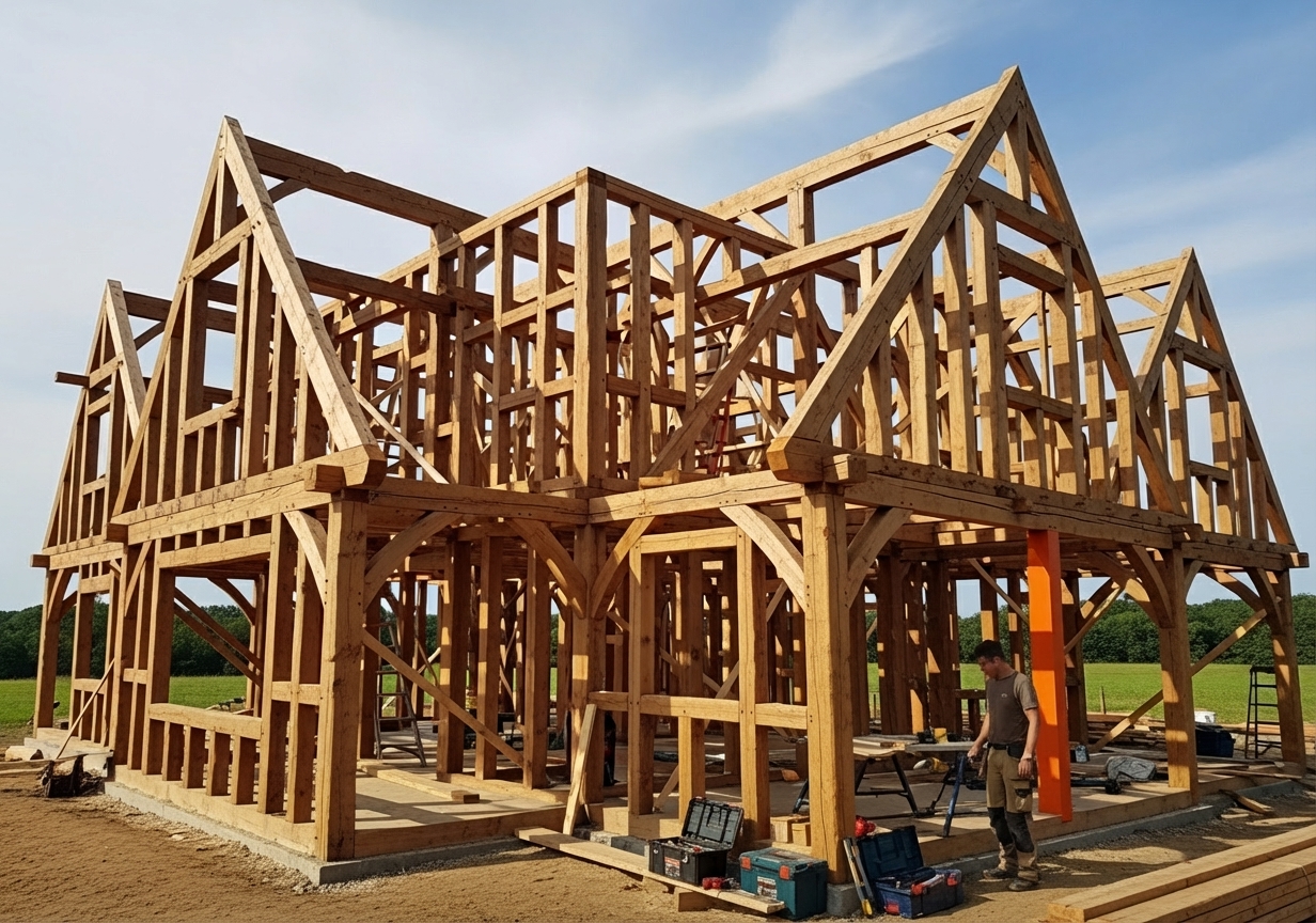 Image of a traditional American timber-frame house under construction - do concrete houses burn