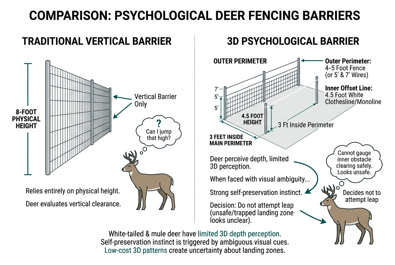 Diagram of a 3D psychological deer fence comparing vertical and horizontal depth barriers Diagram of a 3D psychological deer fence comparing vertical and horizontal depth barriers