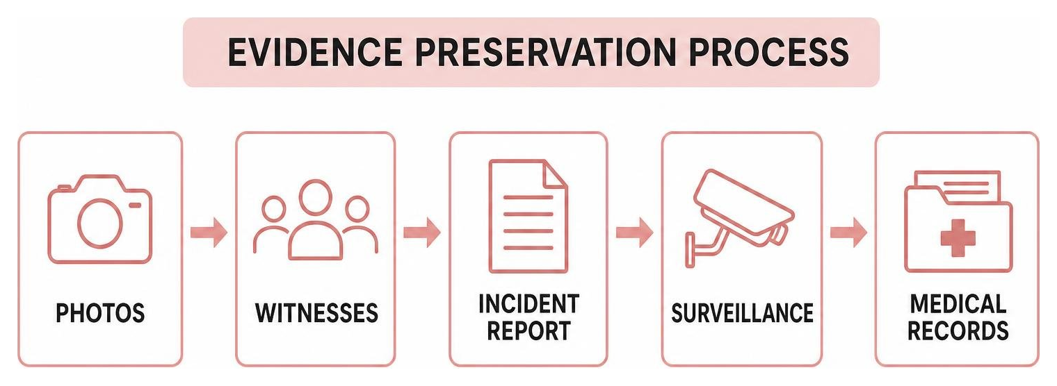 Evidence preservation process: photos, witnesses, incident report, surveillance, medical records Evidence preservation process: photos, witnesses, incident report, surveillance, medical records