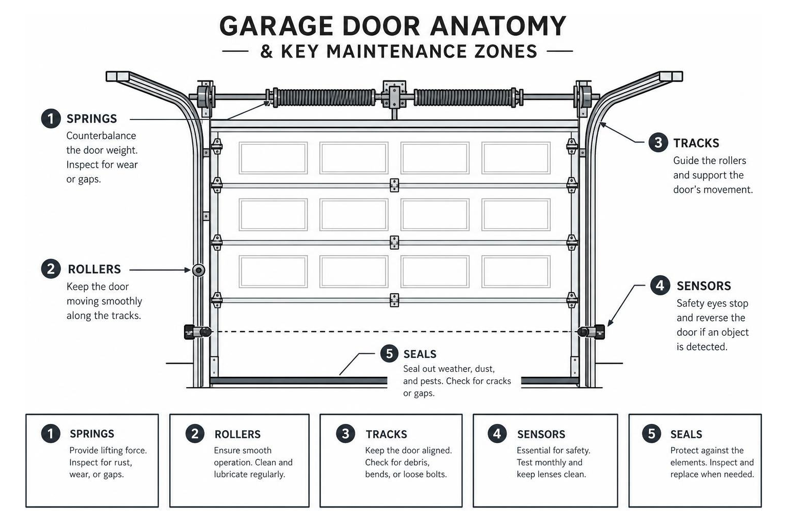 Garage door anatomy and key maintenance zones infographic showing springs, rollers, tracks, sensors, and seals