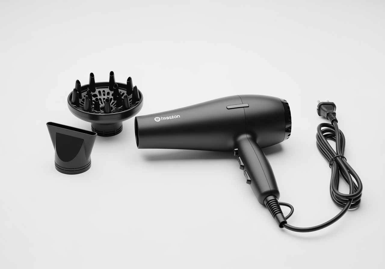 A blow dryer with concentrator and diffuser attachments - blow drying hair