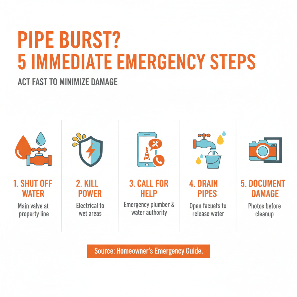 infographic showing 5 immediate emergency steps when a main water pipe bursts: 1. Turn off main water valve at property line, 2. Shut off electrical power to wet areas, 3. Call emergency plumber and water authority, 4. Open faucets to drain remaining water, 5. Document all damage with photos before cleanup - burst main water pipe infographic 