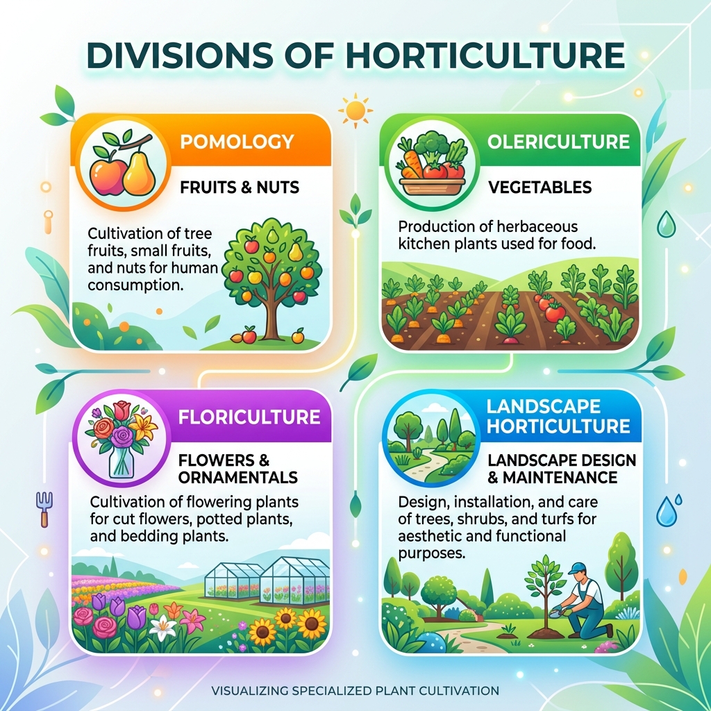 Divisions of Horticulture - specialized plant cultivation infographic