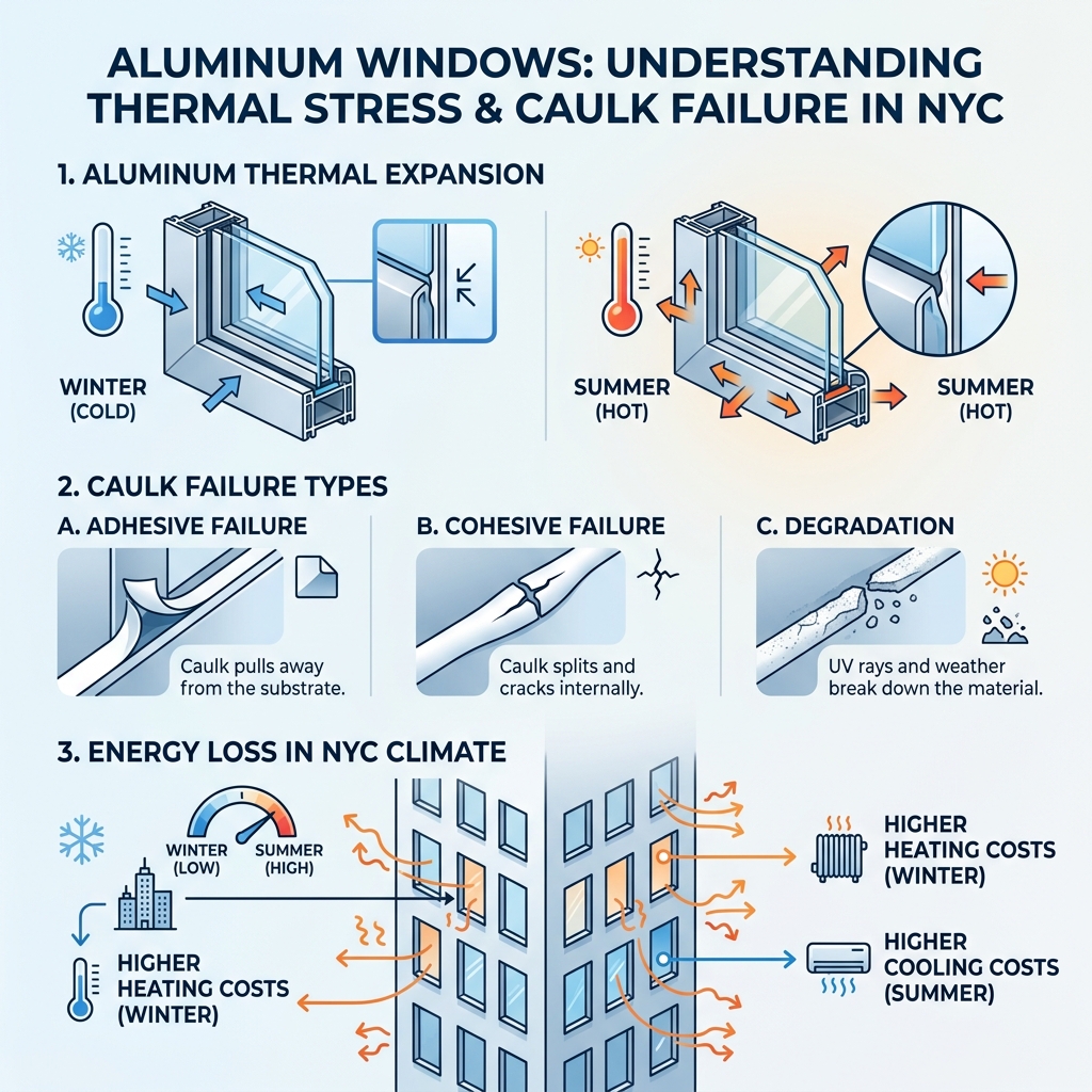 infographic showing aluminum thermal expansion, caulk failure types, and energy loss in NYC climate - best caulk for infographic showing aluminum thermal expansion, caulk failure types, and energy loss in NYC climate - best caulk for