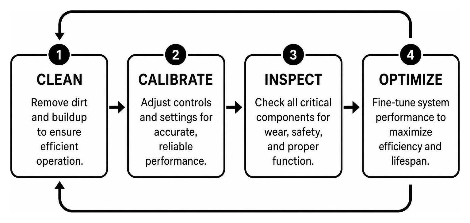 Preventative maintenance lifecycle: clean, calibrate, inspect, and optimize Preventative maintenance lifecycle: clean, calibrate, inspect, and optimize