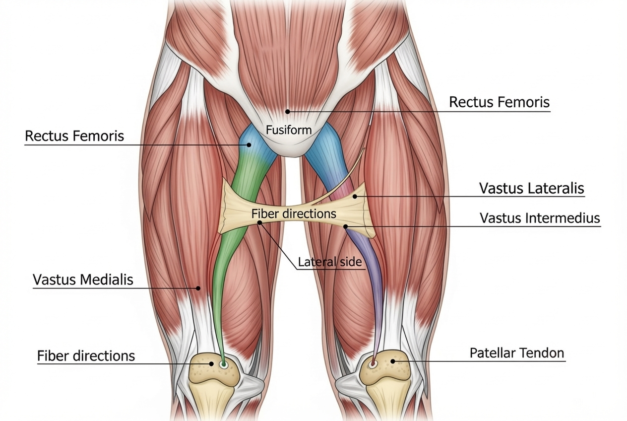 detailing the four quadriceps muscles (rectus femoris, vastus lateralis, vastus medialis, vastus intermedius) - front thigh muscle pain