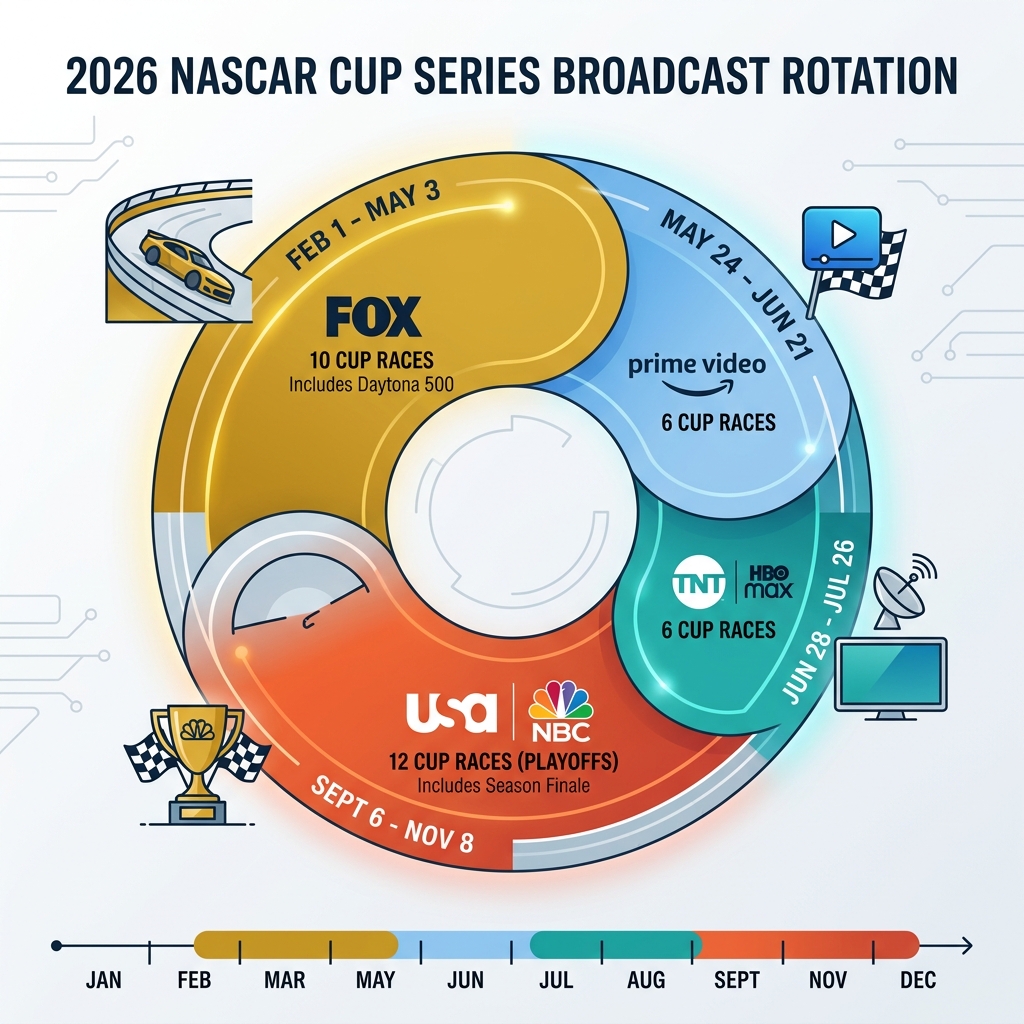 2026 NASCAR broadcast rotation infographic showing FOX, Prime Video, TNT, NBC coverage windows - 2026 nascar tv schedule
