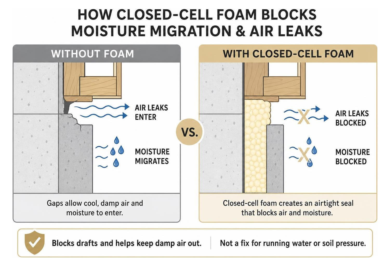 Diagram showing how closed-cell foam blocks moisture migration and air leaks Diagram showing how closed-cell foam blocks moisture migration and air leaks