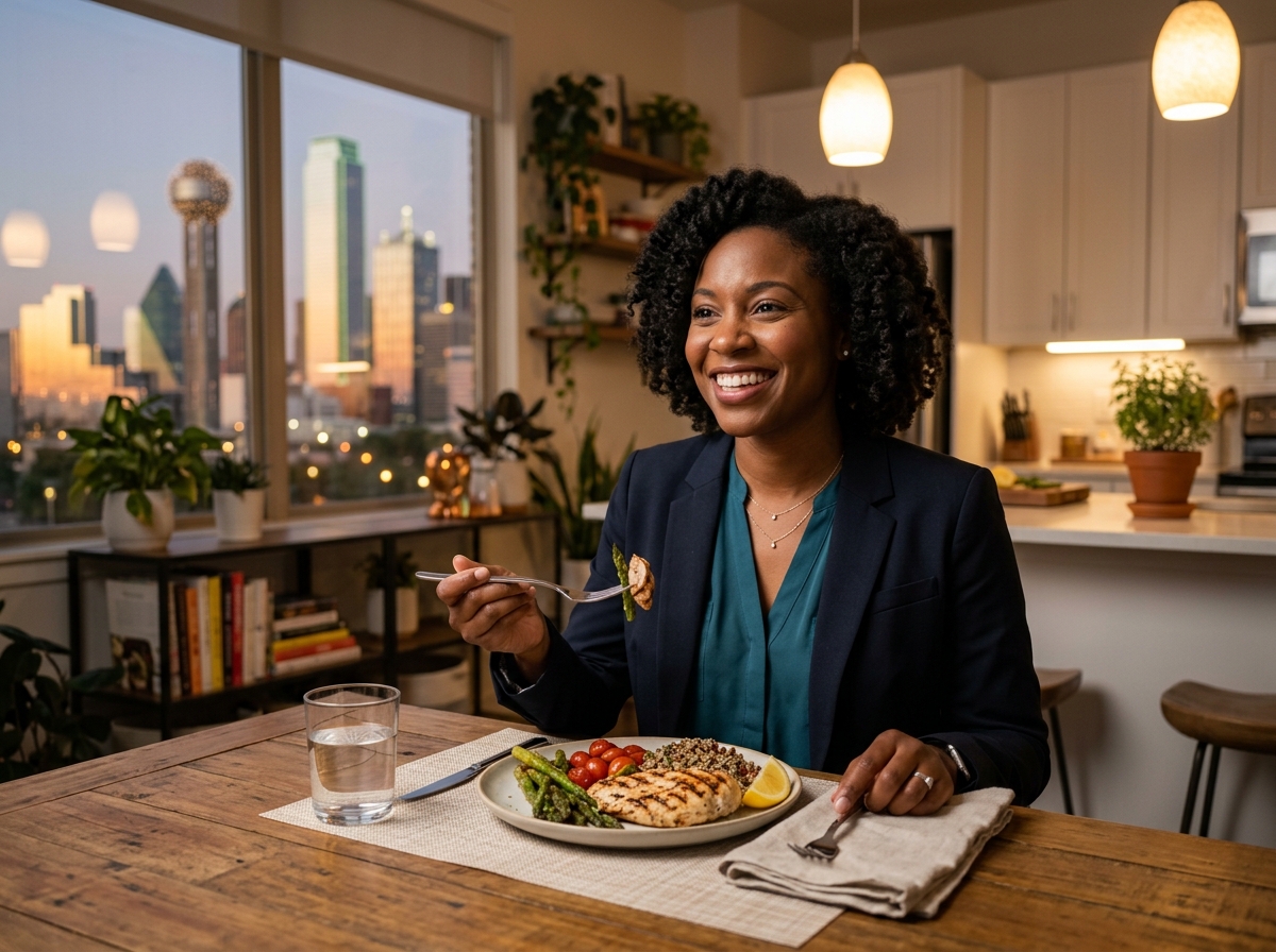 A busy Dallas professional enjoying a healthy chef-prepared dinner at home after work - dallas prepared meals