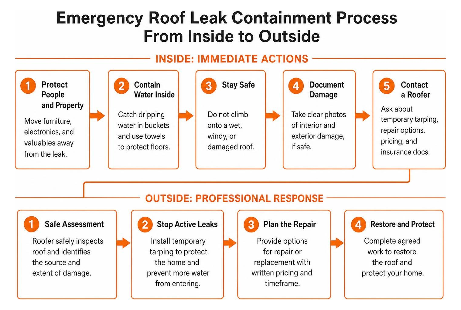 Emergency roof leak containment process from inside to outside Emergency roof leak containment process from inside to outside
