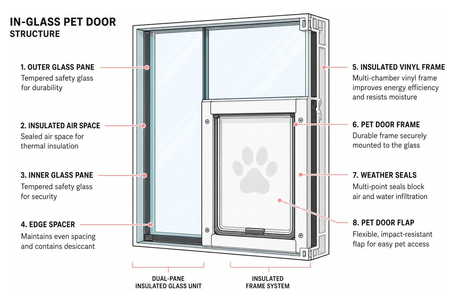 Diagram showing the structure of an in-glass pet door with dual-pane glass and insulated frame Diagram showing the structure of an in-glass pet door with dual-pane glass and insulated frame