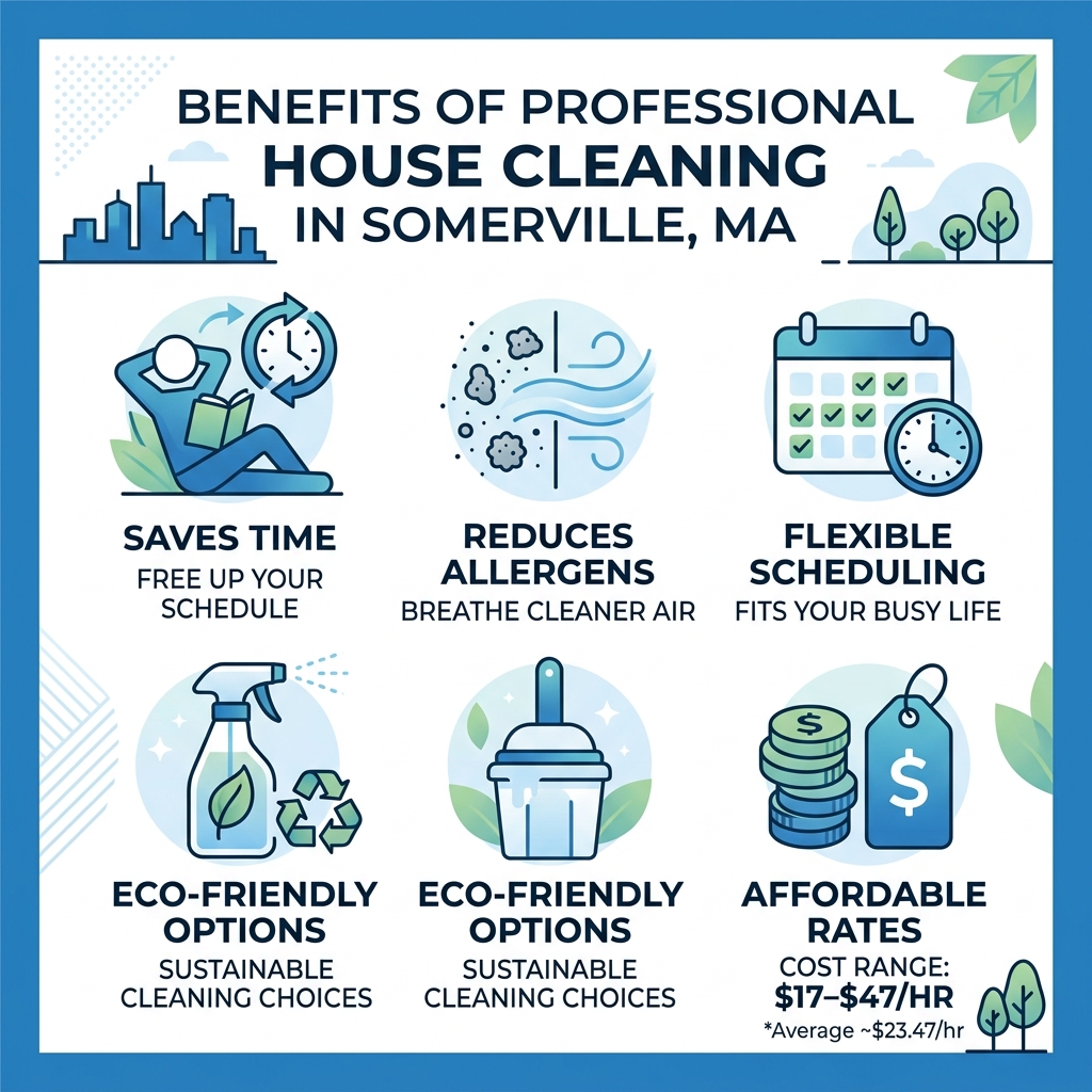 Infographic showing benefits of professional house cleaning in Somerville MA: saves time, reduces allergens, flexible