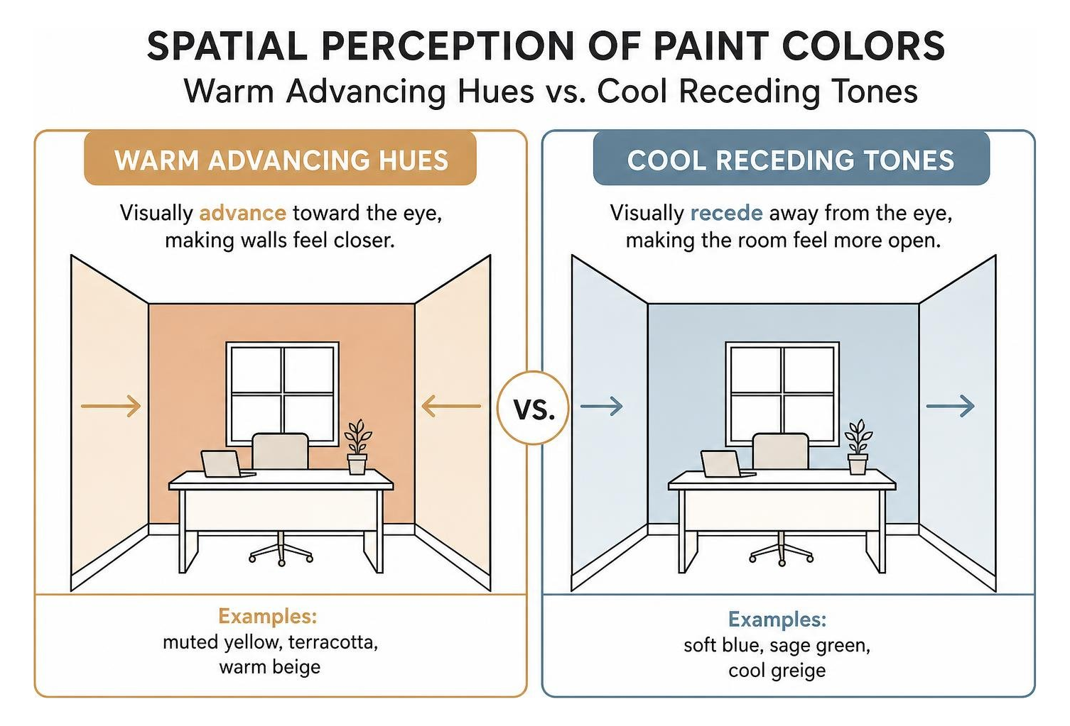 Spatial perception of paint colors comparing warm advancing hues versus cool receding tones
