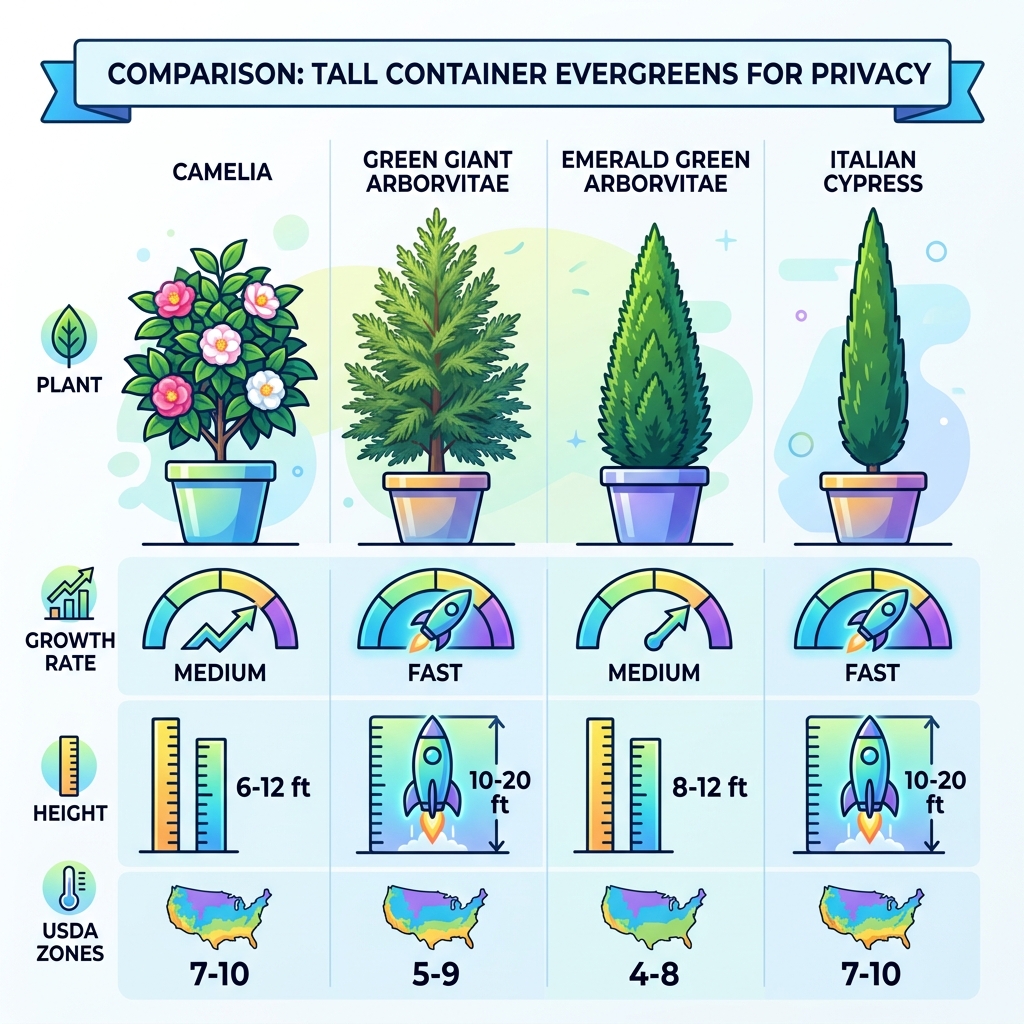 Comparison table of growth rates and USDA zones for popular container evergreens - tall plants for privacy in pots Comparison table of growth rates and USDA zones for popular container evergreens - tall plants for privacy in pots
