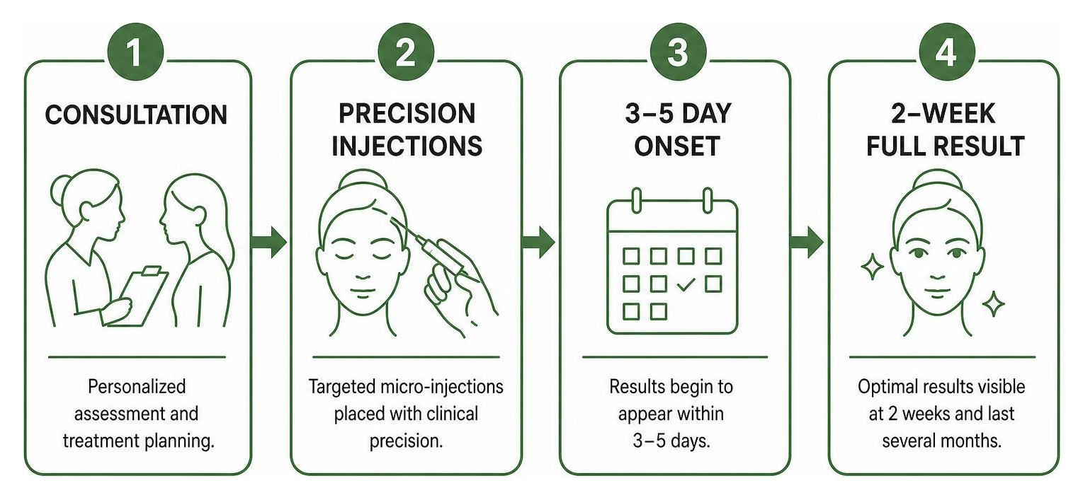 Botox Treatment Process: Consultation, Precision Injections, 3-5 Day Onset, 2-Week Full Result Botox Treatment Process: Consultation, Precision Injections, 3-5 Day Onset, 2-Week Full Result