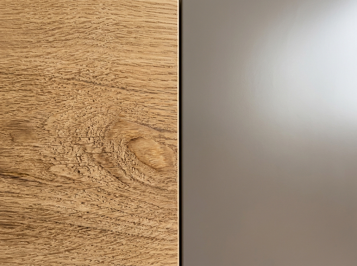 Comparison of raw wood grain and slick laminate cabinet surfaces - best primer for kitchen cabinets