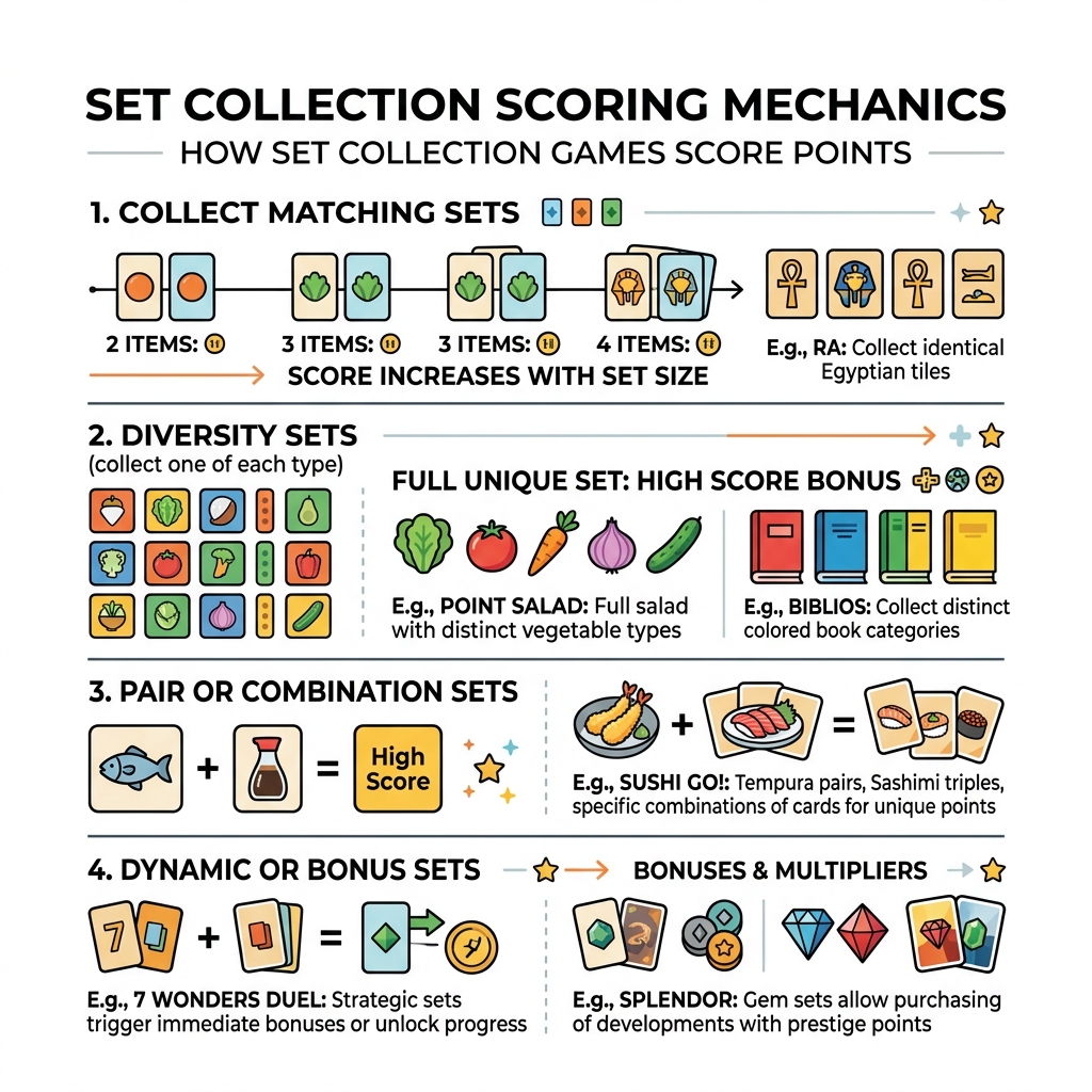 infographic showing how set collection games score points with examples from popular titles - Set collection games