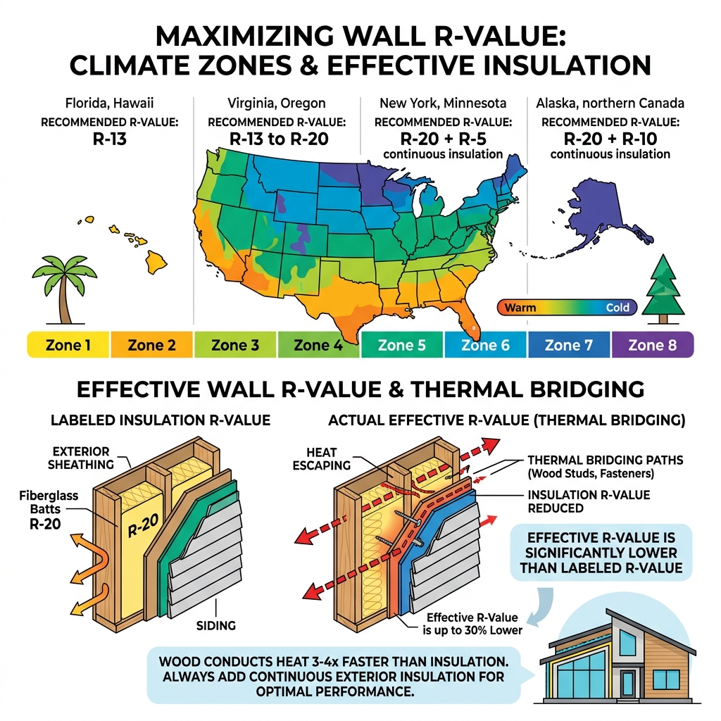 infographic showing R-value scale by climate zone and how thermal bridging reduces effective wall R-value - best r value