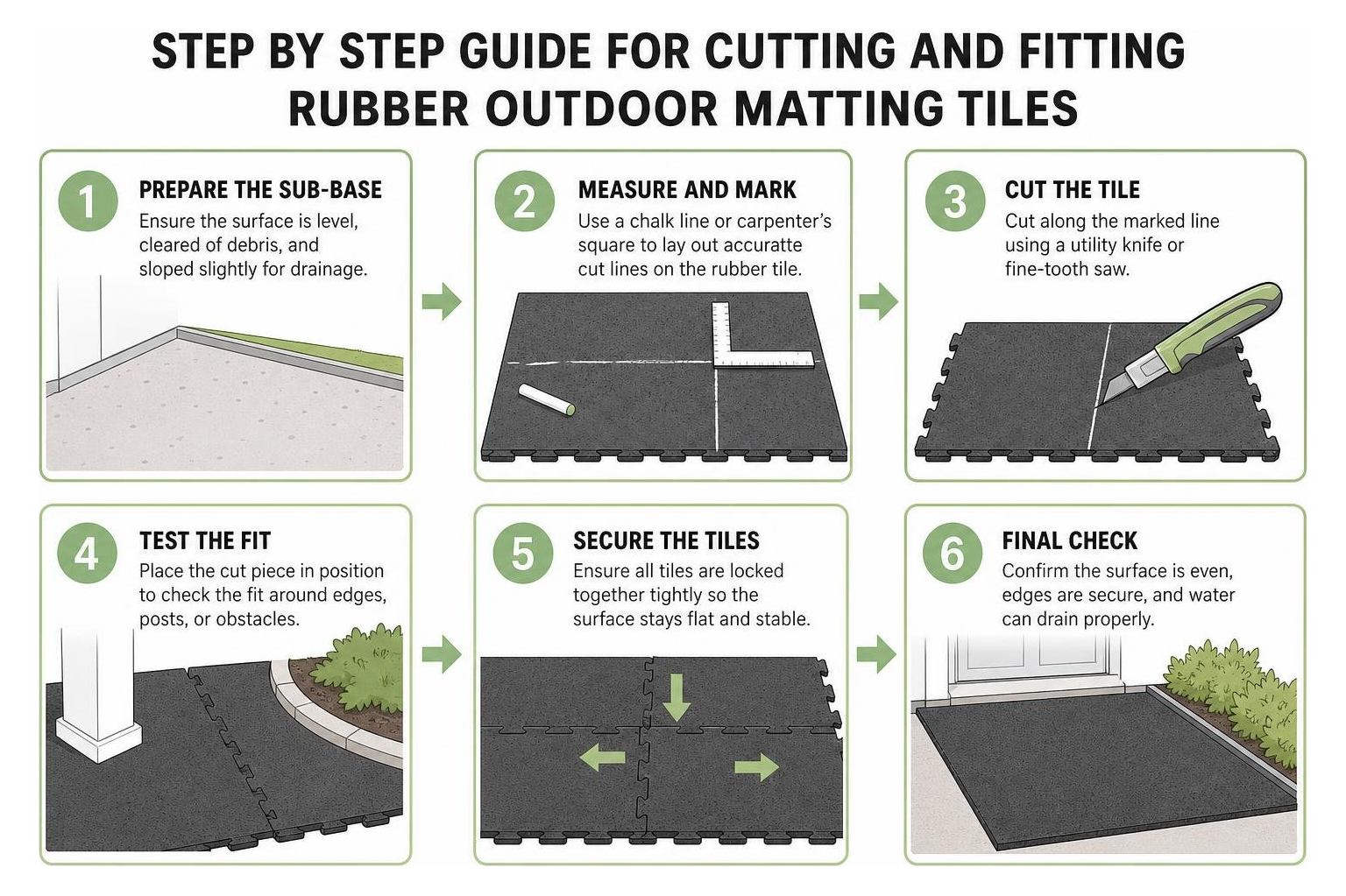 Step by step guide for cutting and fitting rubber outdoor matting tiles