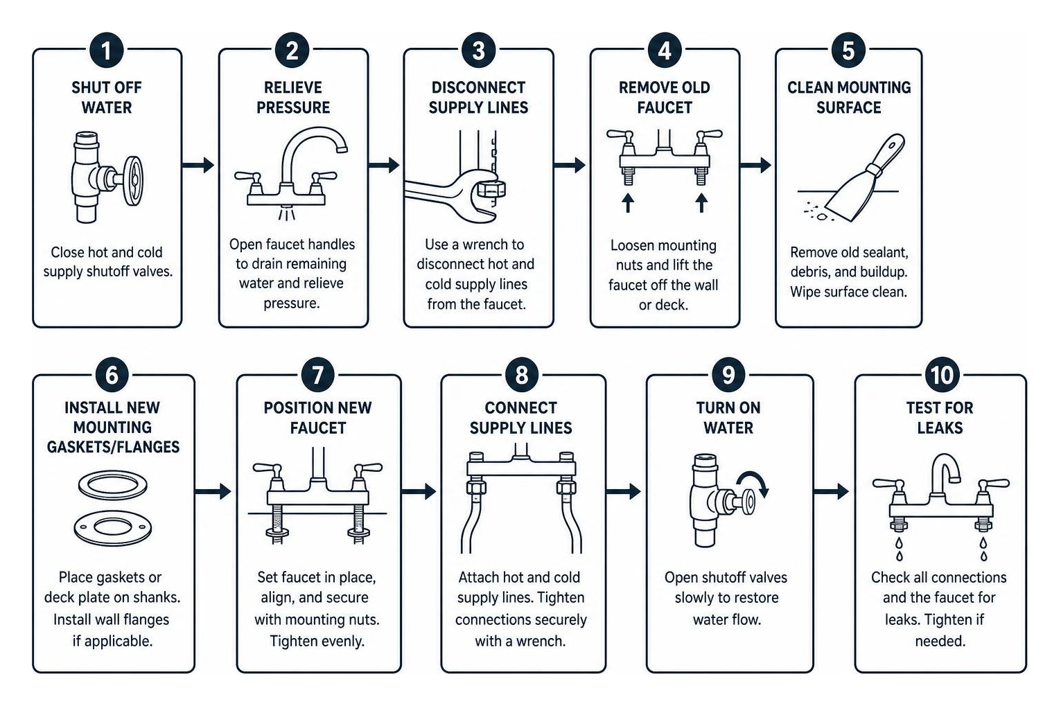Diagram of step-by-step commercial faucet replacement sequence from shutoff to testing Diagram of step-by-step commercial faucet replacement sequence from shutoff to testing
