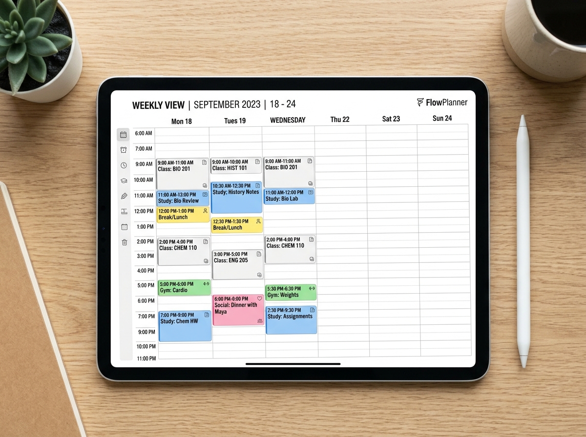 An AI-organized digital planner showing color-coded blocks for study, rest, and social life - how to use ai An AI-organized digital planner showing color-coded blocks for study, rest, and social life - how to use ai