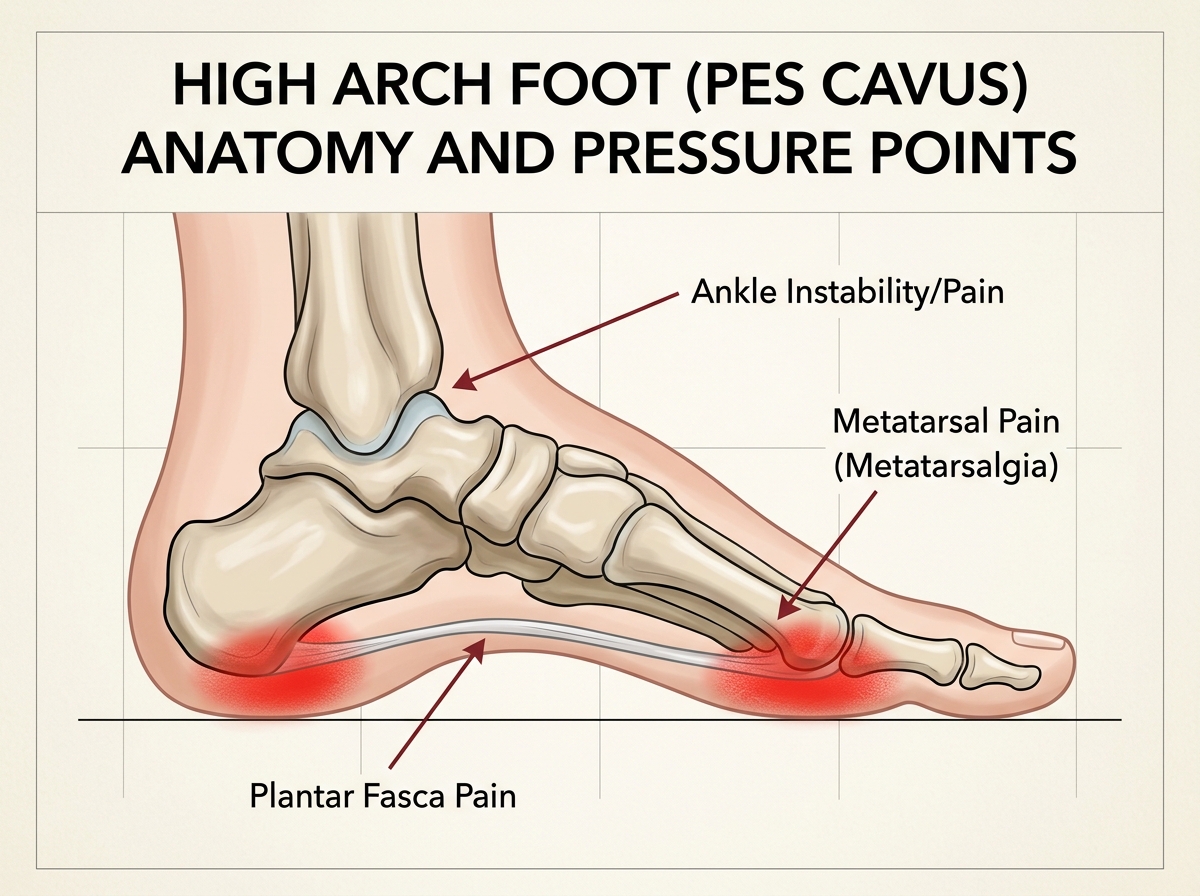 Diagram showing pressure points on a high arch foot and common pain zones - best high arch support insoles