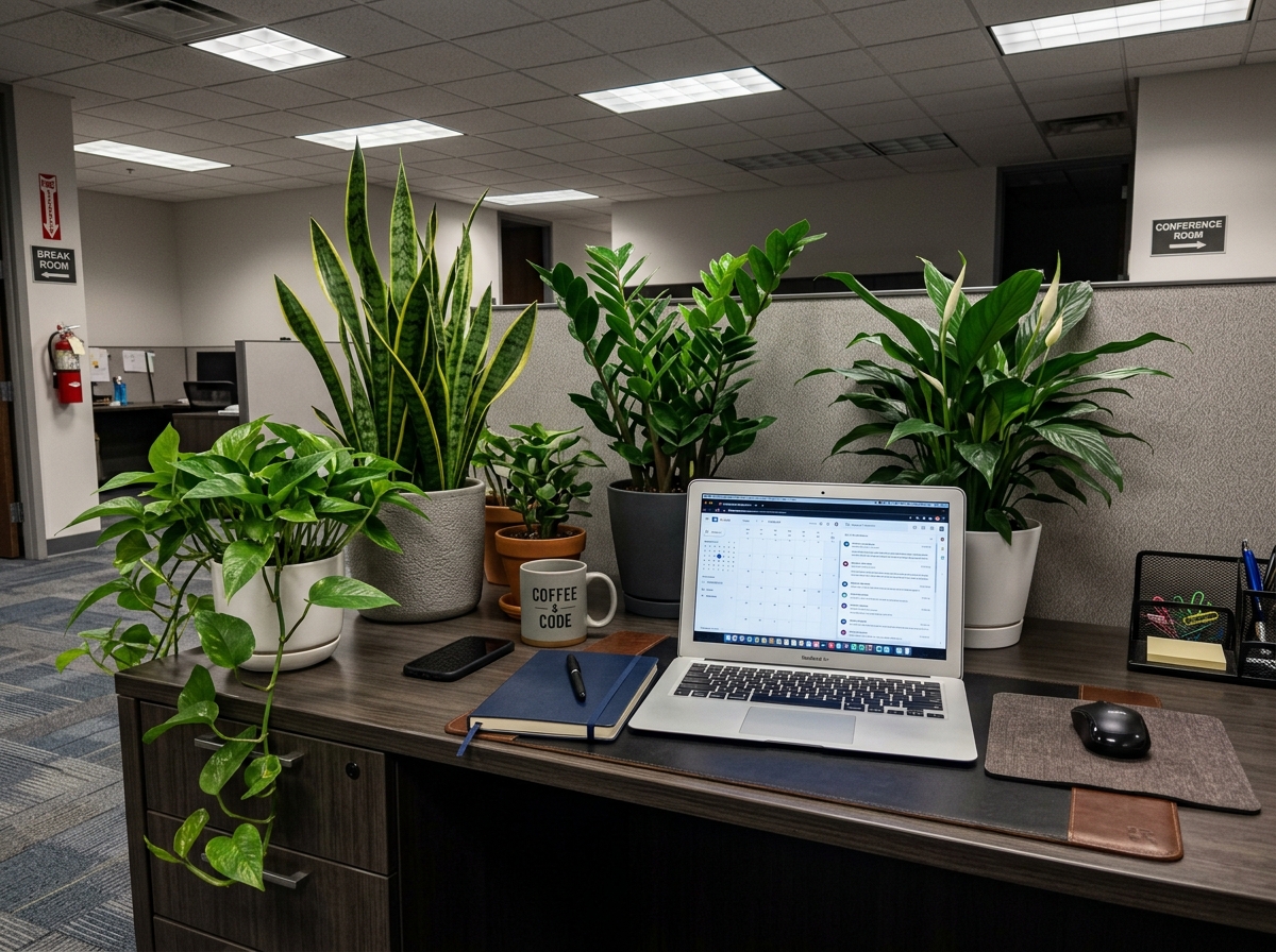 Various low-light plants like Snake Plants and Pothos arranged on a modern office desk - best office desk plants no sunlight