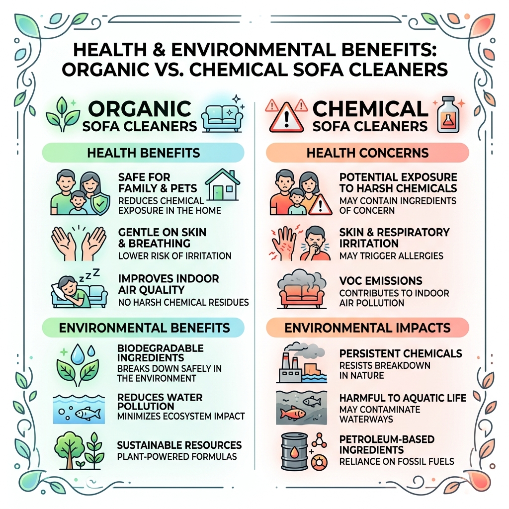 Infographic showing health and environmental benefits of organic vs chemical sofa cleaners - organic fabric sofa cleaner Infographic showing health and environmental benefits of organic vs chemical sofa cleaners - organic fabric sofa cleaner