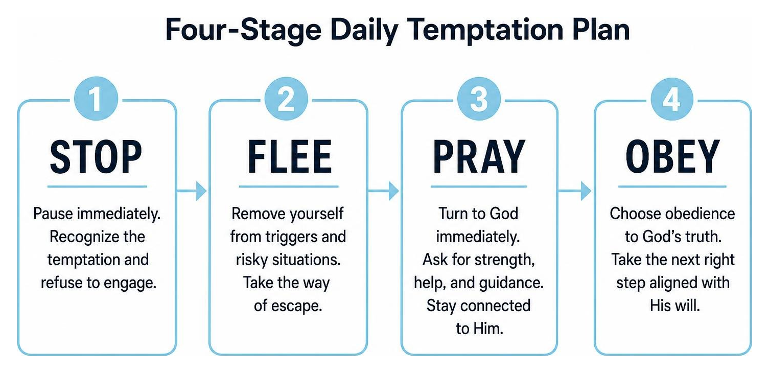Four-stage daily temptation plan: Stop, Flee, Pray, Obey