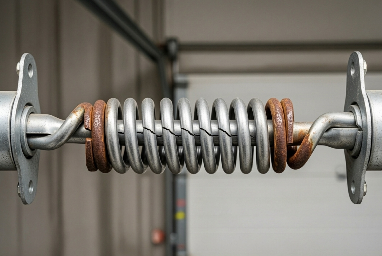 Infographic showing the top 4 causes of garage door spring breakage: 1) Extreme temperature changes causing metal fatigue with thermometer icon, 2) Normal wear and tear with cycle counter showing 10,000 cycles, 3) Rust and corrosion with corroded spring coil illustration, 4) Poor maintenance with neglected spring and warning symbol - why is my garage door spring broken las vegas nv