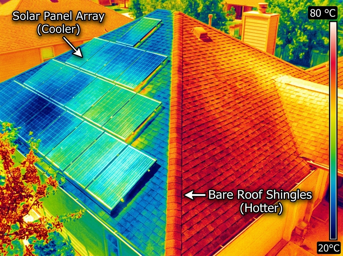Thermal imaging showing temperature differences on a roof with and without solar panels - solar panel heat insulation Thermal imaging showing temperature differences on a roof with and without solar panels - solar panel heat insulation