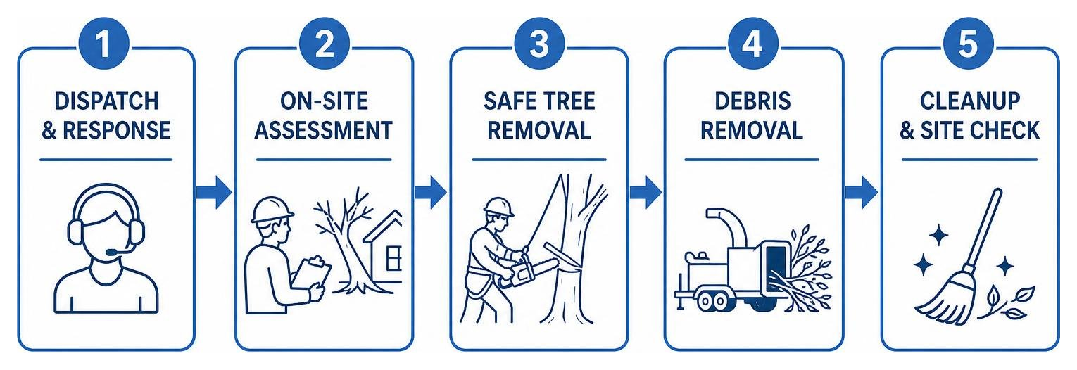 Process diagram of emergency tree removal from dispatch to cleanup Process diagram of emergency tree removal from dispatch to cleanup