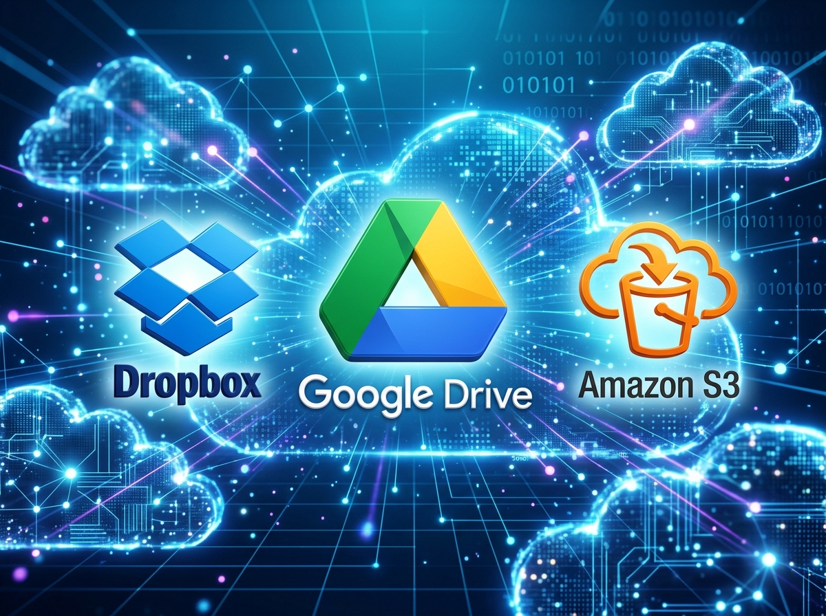 various cloud storage icons representing Google Drive, Dropbox, and S3 - cloud based note backup