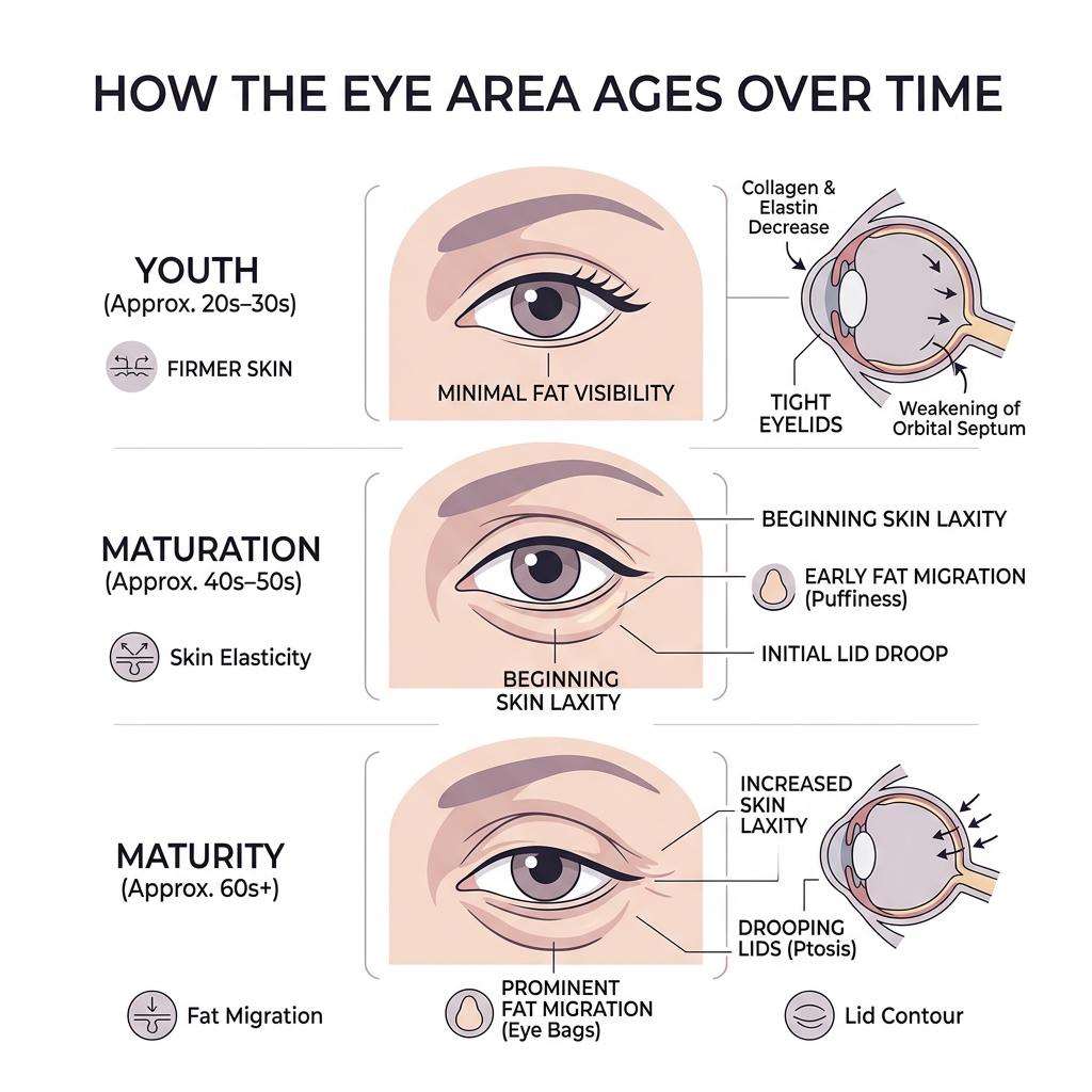 Infographic showing how the eye area ages: skin laxity, fat migration, and drooping lids over time - eyelid surgery