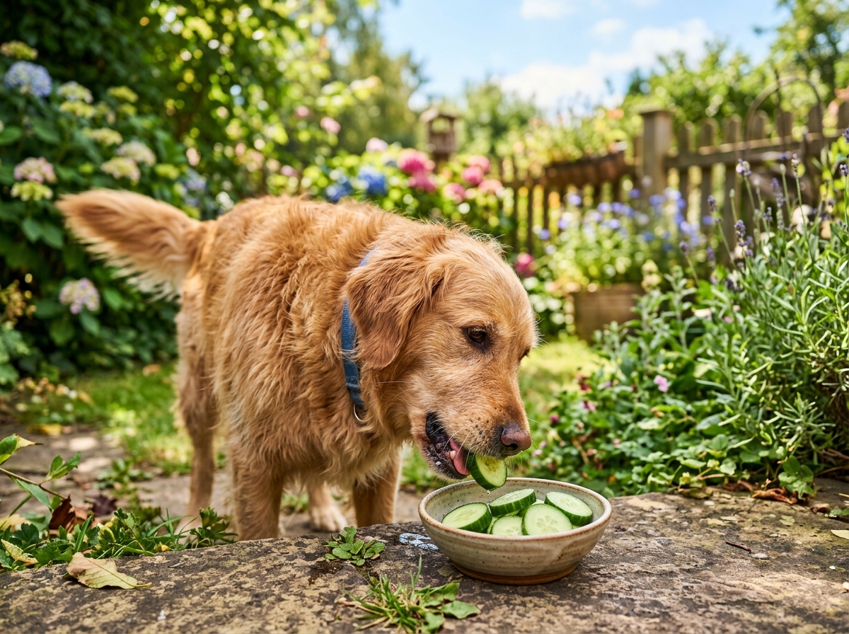 Dog enjoying sliced cucumbers as a summer snack - what veggies can dogs eat Dog enjoying sliced cucumbers as a summer snack - what veggies can dogs eat